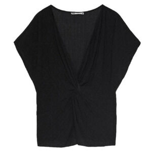 Zara Top black Short Sleeve twist Knot-Front V-neck Blouse size medium